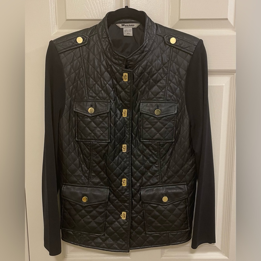 Nygard Collecction Black Quilted Leather and Knit Jacket with Gold flip closures